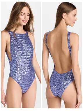 New Oseree Paillettes Maillot One Piece Swimsuit Sequin Sparkle Open Back L